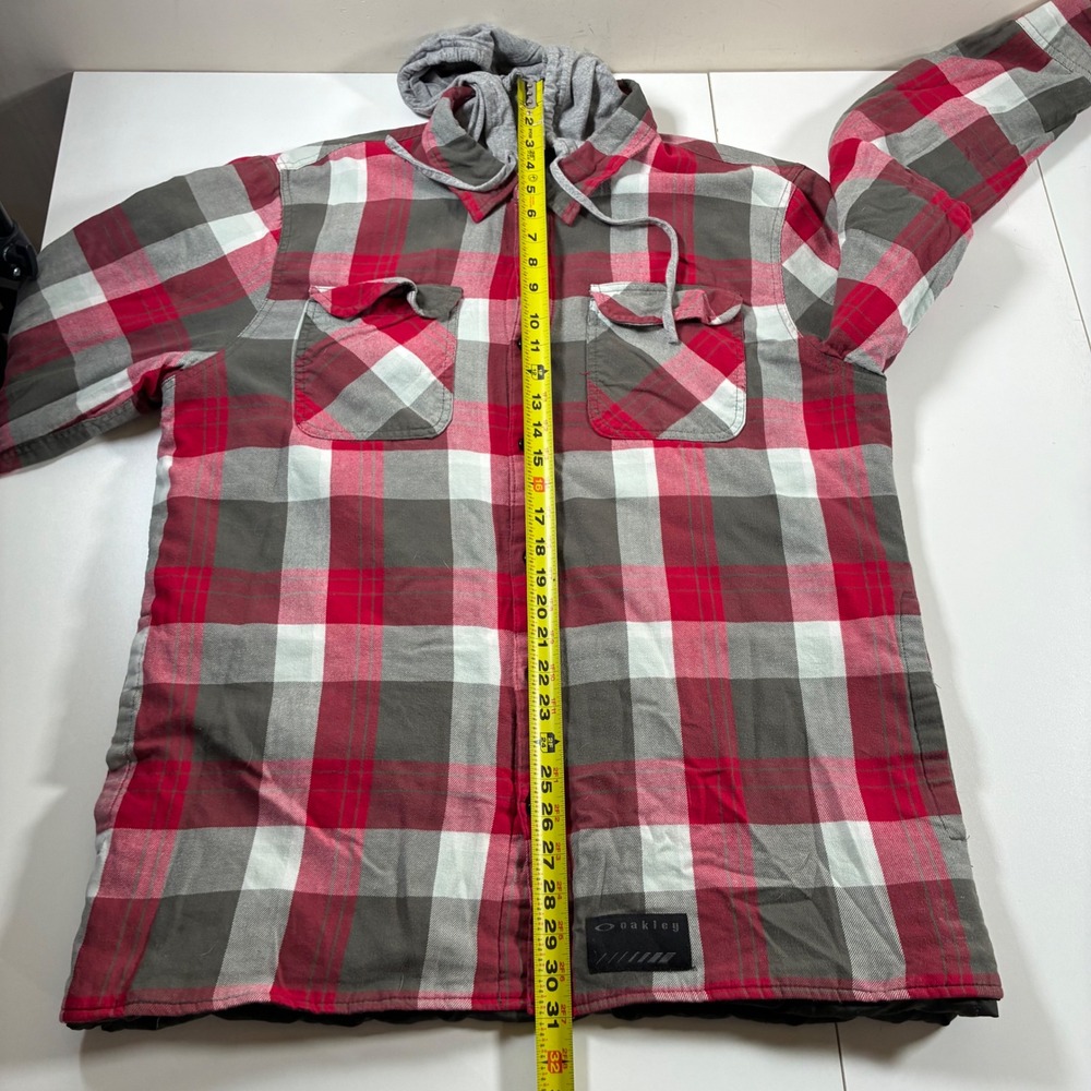 Vintage‎ Oakley Flannel Shirt Jacket XL Red Plaid Hood Quilted Lined Shacket Y2K - Picture 10 of 11